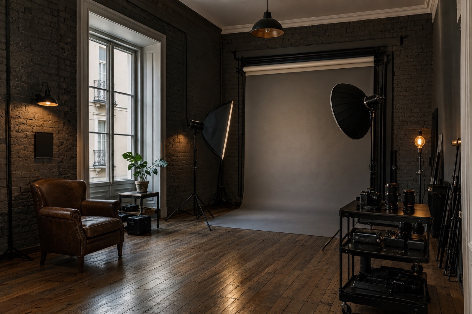 El plató de Sola Connection con fondo de papel gris, softboxes y luz de ventana