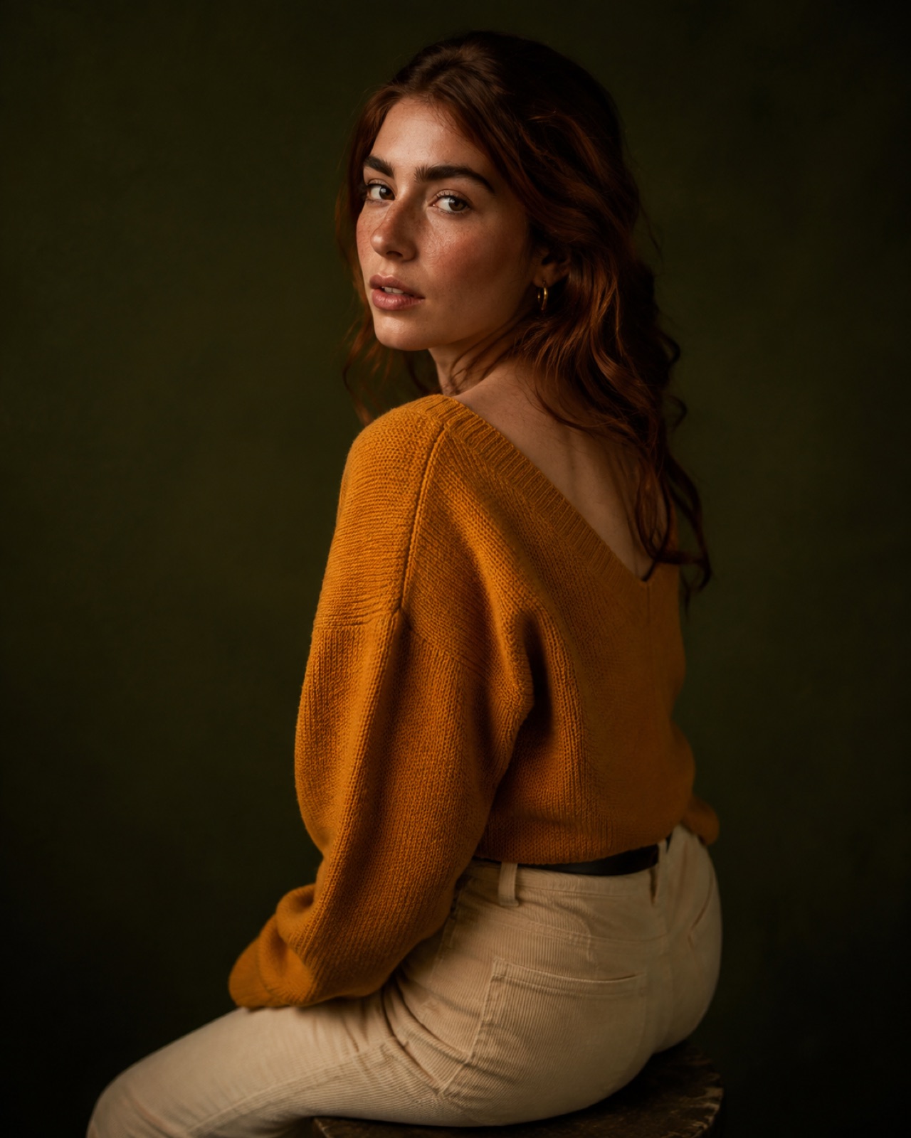 Claudia — Retrato en color, fondo verde oliva