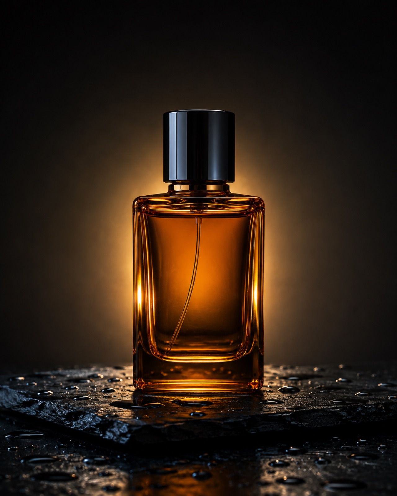 Frasco de perfume ámbar sobre pizarra mojada con luz de contorno dorada